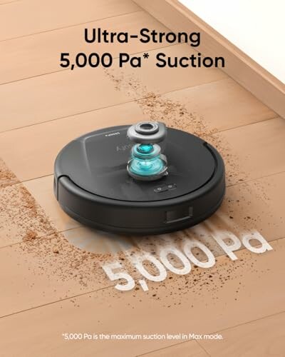 Robot vacuum cleaner with ultra-strong 5,000 Pa suction on wooden floor.