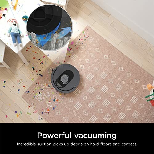 Robot vacuum cleaner picking up debris on a carpet and hard floor.