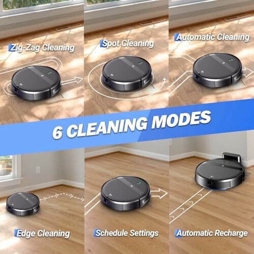 Robot vacuum cleaner demonstrating six cleaning modes on a wooden floor.