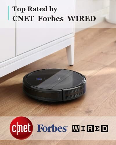 Robot vacuum cleaner on hardwood floor with top ratings from CNET, Forbes, and WIRED.