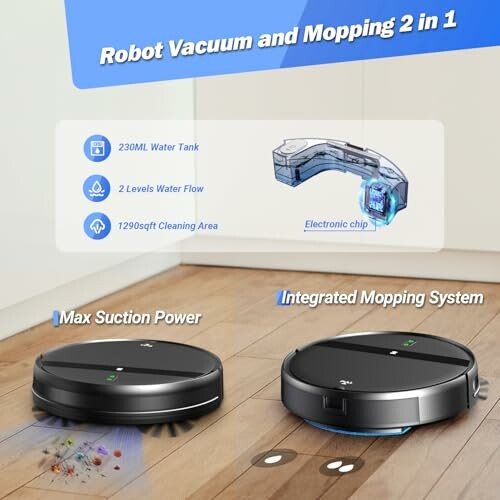 Robot vacuum and mop with features displayed, including max suction power and integrated mopping system.