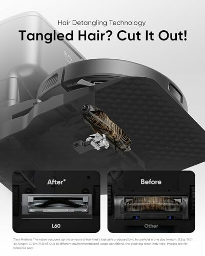 Vacuum with hair detangling technology showing before and after results.